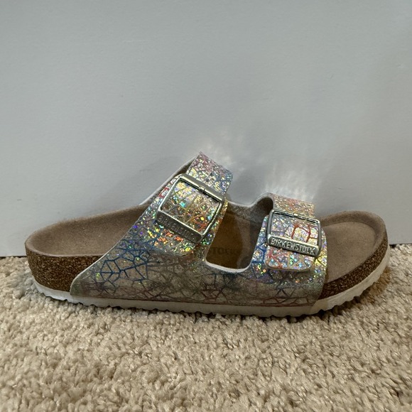 Birkenstock Shoes - Birkenstock Arizona Shoes Womens Size 3 34 Silver Vegan Holographic Cork Sandals